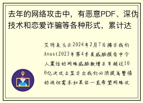 去年的网络攻击中，有恶意PDF、深伪技术和恋爱诈骗等各种形式，累计达到了100亿次。